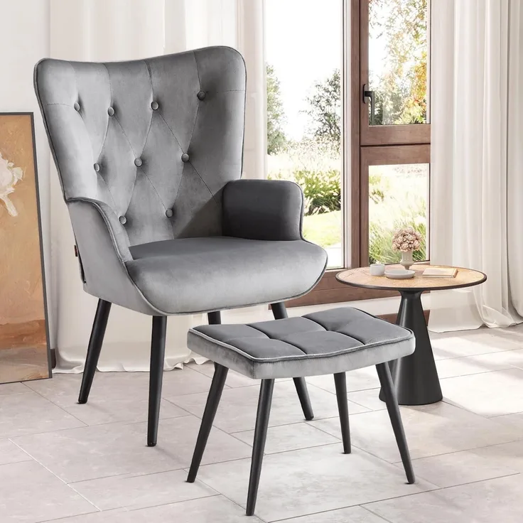 Sessel Ohrensessel Samt Relaxsessel Fußstütze mit Hocker Grau