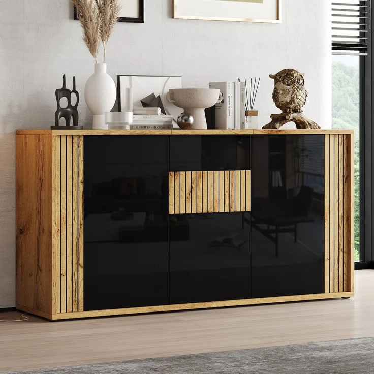 ZUBALIYA Sideboard 140x35x71 cm, mit 3 Türen, aus MDF / Spanplatte, Schwarz / Natur – Bild 1