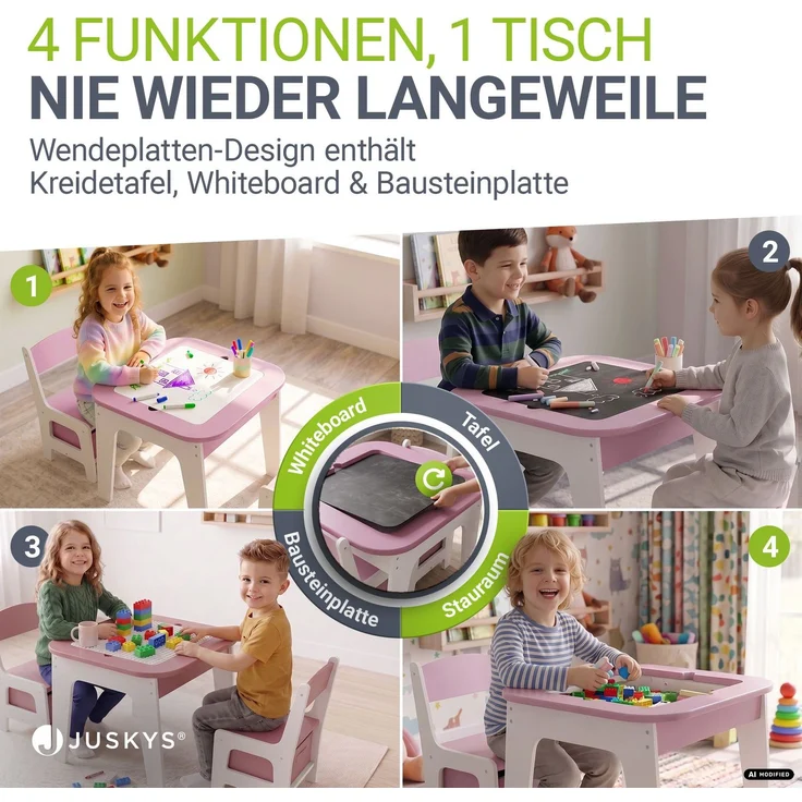 Juskys 'Milou' Kindersitzgruppe mit 2 Stühlen, 1 Tisch & Stauraum, Holz rosa – Bild 2
