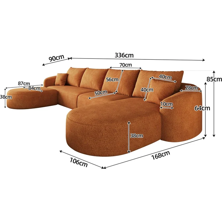 U-förmiges Ecksofa 336×168×85 cm in Orange aus Chenille-Stoff, modular und montagefrei – Bild 5