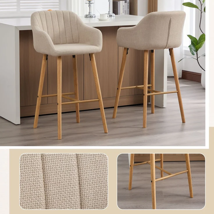LVHOM Barhocker 2er Set, Barstühle mit Rückenlehnen und Armlehnen, Tresenhocker mit Holzbeinen, Tresenstuhl Stoff, Beige – Bild 3