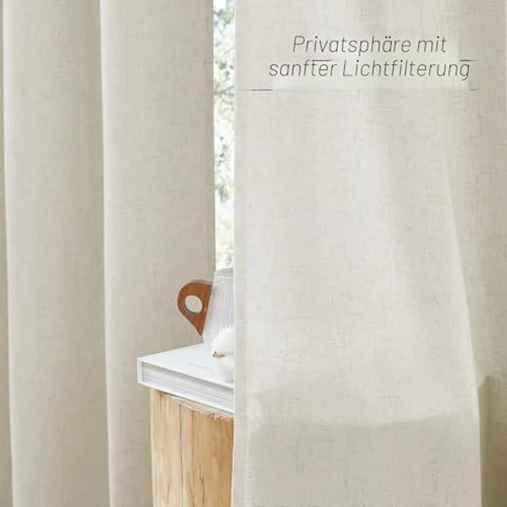 PONY DANCE Kurze Gardinen Halbtransparent Vorhang Leinen Natur H 160 x B 140 cm Leinenoptik Vorhänge mit Kräuselband 2er Set Wohnzimmer Gardinen Leinenoptik Boho Gardine Leinen Beige – Bild 6