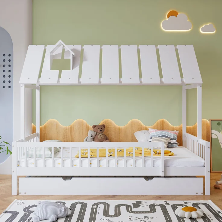Hausbett Kinderbett 120x200 mit Rollbett Dach Kaminleiste Kiefer MDF Lattenrost weiß Jugendbett Schlafplatz – Bild 2