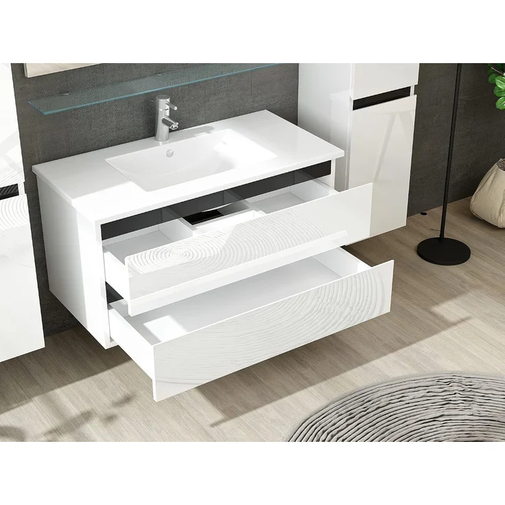 Homeline Badmöbel Set mit Schubladen Glas ablage (Dennis Weiss, 90 cm 1x Hochschrank) – Bild 4