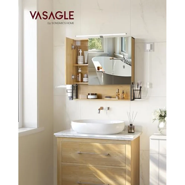 VASAGLE Badezimmerschrank mit LED-Beleuchtung, 14,5 x 70 x 70 cm, Stecker, Hängekorb, Haartrockner-Halter, Spiegelschrank, Badschrank, Wandschrank, für Badezimmer, natureichenfarben BBK124Y01 – Bild 3
