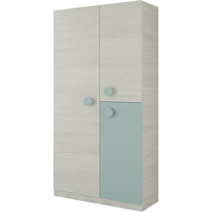 Dreitüriger Kleiderschrank mit Kleiderstange und drei Innenböden, Farbe weiß mit heller Holzoptik mit wassergrünem Türdetail, 90 x 200 x 52 cm. – Bild 3