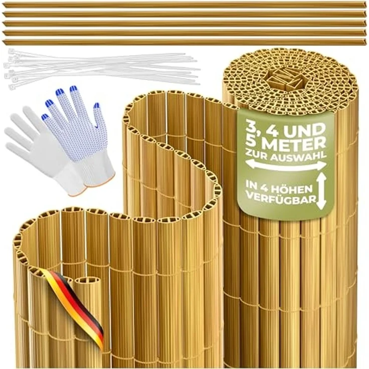 KESSER® PVC Sichtschutzmatte Sichtschutzzaun 100x400 cm Balkonverkleidung Windschutz verstärkte Lamellen für Garten Balkon & Terrasse Balkonumrandung inkl Kabelbindern, Abdeckung & Handschuhe Bambus – Bild 1