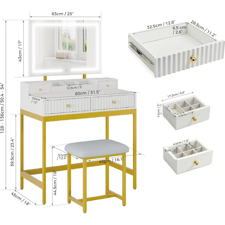 Mondeer Schminktisch mit Spiegel und Hocker, Schlafzimmer Frisiertisch mit 3 Farben LED-Beleuchtung 2 Schubladen 2 Schmuckkasten und 3 offenen Fächern, für Schlafzimmer, Weiß und Gold – Bild 7