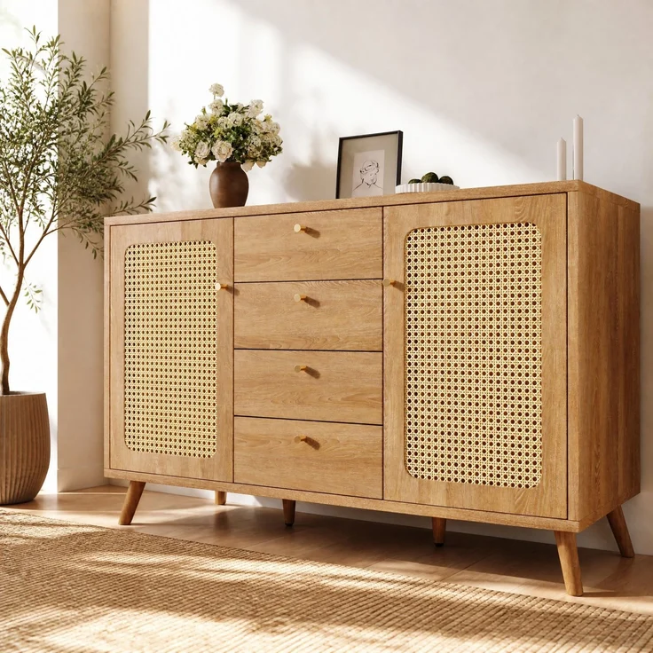 DESVIAE Sideboard mit 4 Schubladen und 2 Türen 140x86x40 cm aus Spanplatte und MDF, helle Eiche – Bild 2