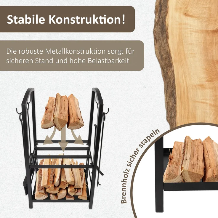 Kaminholzregal mit 4 teiligem Kaminbesteck, Metallregal, Brennholzregal – Bild 6