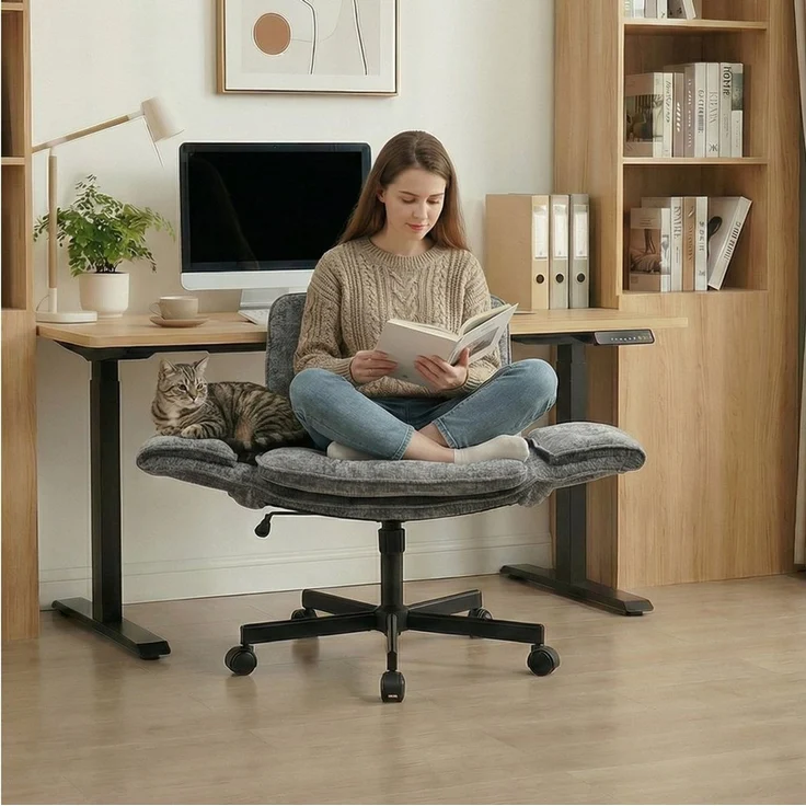Leawin Drehstuhl Bürostuhl ergonomisch mit breitem Sitz & 5-fach Armlehnen, Schreibtischstuhl mit Chenille-Bezug, Rollen & 150 kg – Bild 1