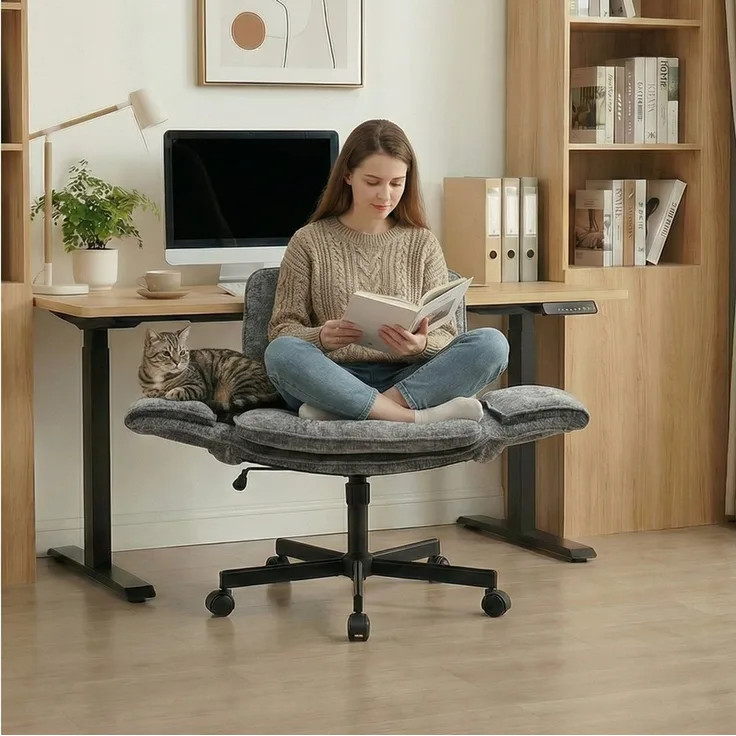 Leawin Drehstuhl Bürostuhl ergonomisch mit breitem Sitz & 5-fach Armlehnen, Schreibtischstuhl mit Chenille-Bezug, Rollen & 150 kg