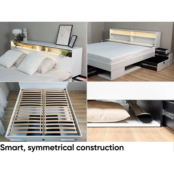 MEBLINI Funktionsbett 180x200 – SMARTEE mit Lattenrost und Matratze – Weiß/Schwarz - Schrankbett mit LED - Bett mit Stauraum - Doppelbett mit Schubladen - Stauraumbett - Bettkästen mit Aufbewahrung – Bild 8
