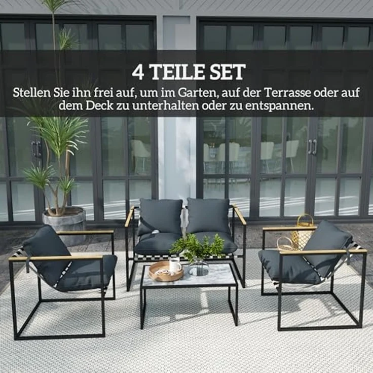 Outsunny Sitzgruppe mit 2er Sofa, 2 Sessel, Sitzkissen, Beistelltisch, Outdoor, (Stahl Gartenmöbel Set, 4-tlg, wetterfest Balkonmöbel-Set), für Garten Terrasse Balkon Grau – Bild 3