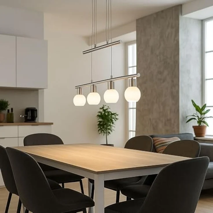 LED Hängelampe, nickel matt, Glas opal, höhenverstellbar, H 160 cm – Bild 4