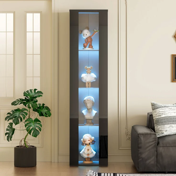 40 x 29 x 170 cm, multifunktionale Vitrine, Glasböden, LED-Farbwechselbeleuchtung, APP-Steuerung, Acrylplatte, wandmontierbar, minimalistisches Design, schwarz.--Schwarz--40x29x170cm--YOUDENOVA – Bild 2