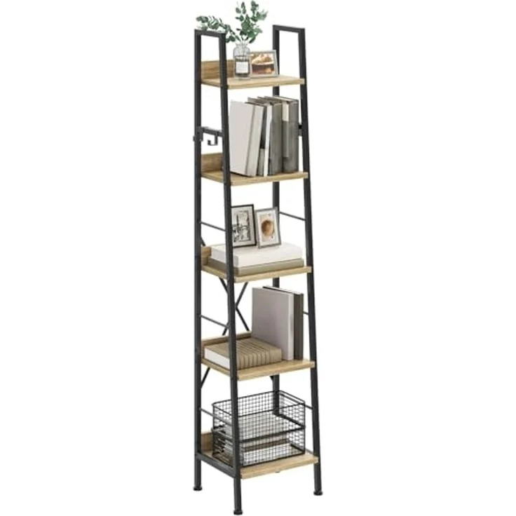 YITAHOME Schmal Bücherregal mit 5 Ebenen 35 cm Breit, Industrielles Leiterregal Standregal Holzregale und Metallrahmen, Modernes Regal für Wohnzimmer, Eichenfarbe – Bild 1