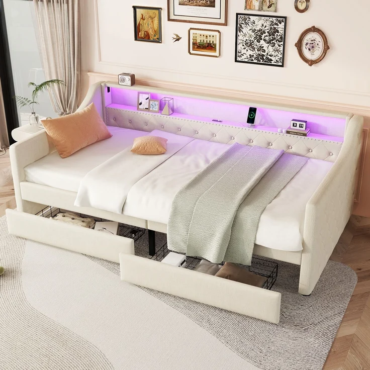 Bett 90x200 cm aus Leinen mit LED-Ambiente und Stauraum – Bild 3