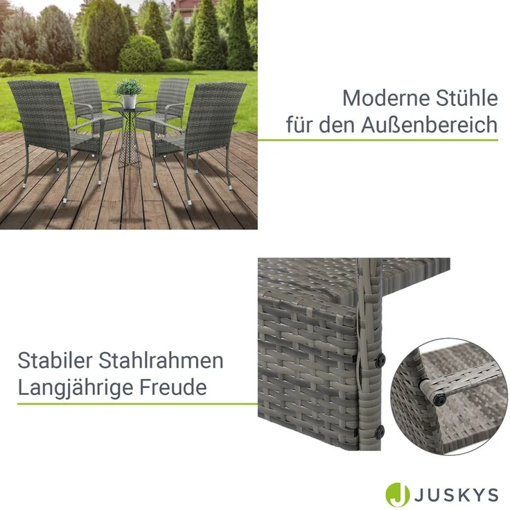 Juskys Polyrattan Gartenstühle Yoro 8er Set - mit Armlehnen & Rückenlehne - 8 Stühle stapelbar - Rattan Stuhl Garten - Stapelstuhl Grau-meliert – Bild 3