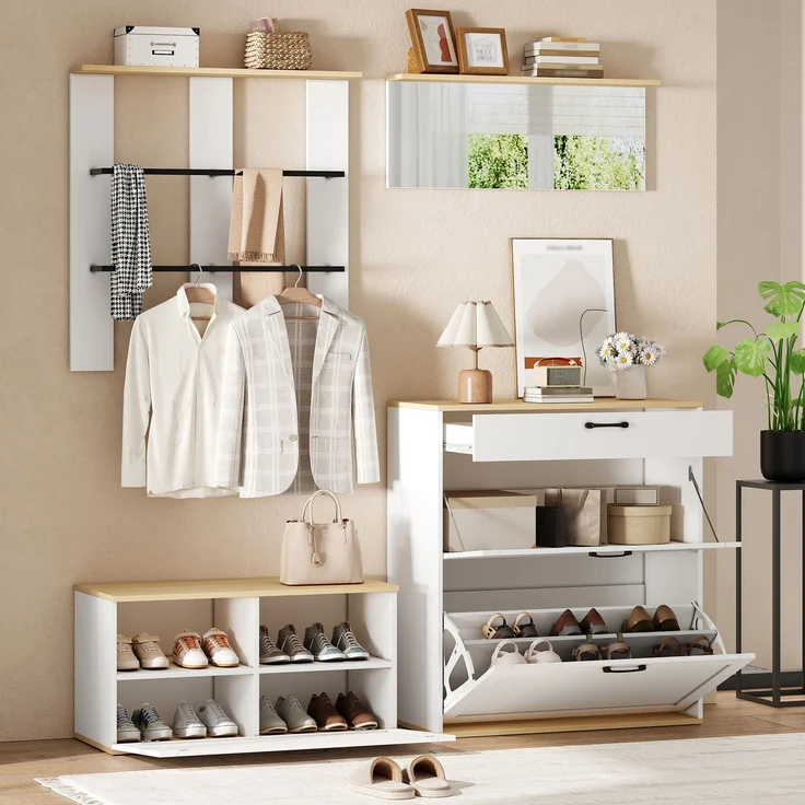 Garderoben-Set, Schrank, Schublade, Spiegel,Multifunktionale Garderobe,Schuhschrank mit Schuhbank, Kann frei kombiniert werden,Geeignet für Eingangsbereich, Wohnzimmer,Weiß + Holzton,156x36x176cm--Weiß+Natur--156x36x176cm--YOUDENOVA – Bild 3