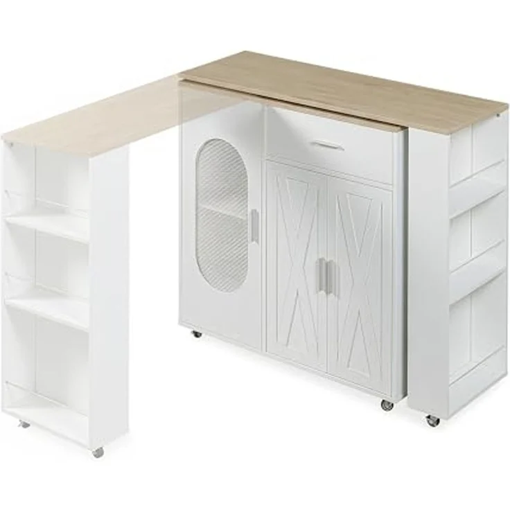 Rollbare Kücheninsel mit drehbarer Arbeitsplatte Kudebola 115 x 40 x 94 cm Eicheoptik/Weiß [en. casa] – Bild 3