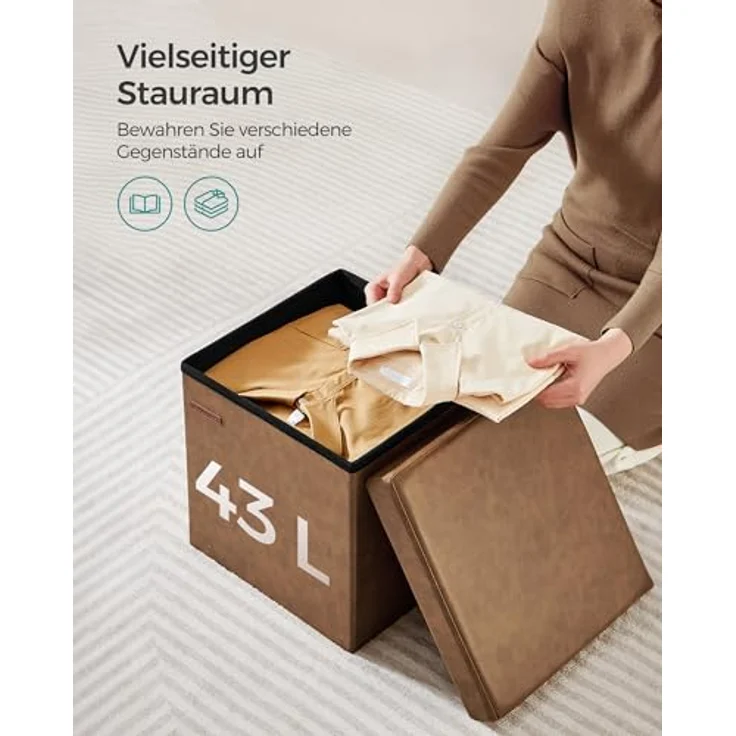 Songmics Sitzhocker 38 cm, Aufbewahrungsbox faltbar, Fußhocker mit Deckel, aus Kunstleder, bis 300 kg belastbar, für Eingang, Wohnzimmer, Schlafzimmer, kaffeebraun LSF010K01 – Bild 6