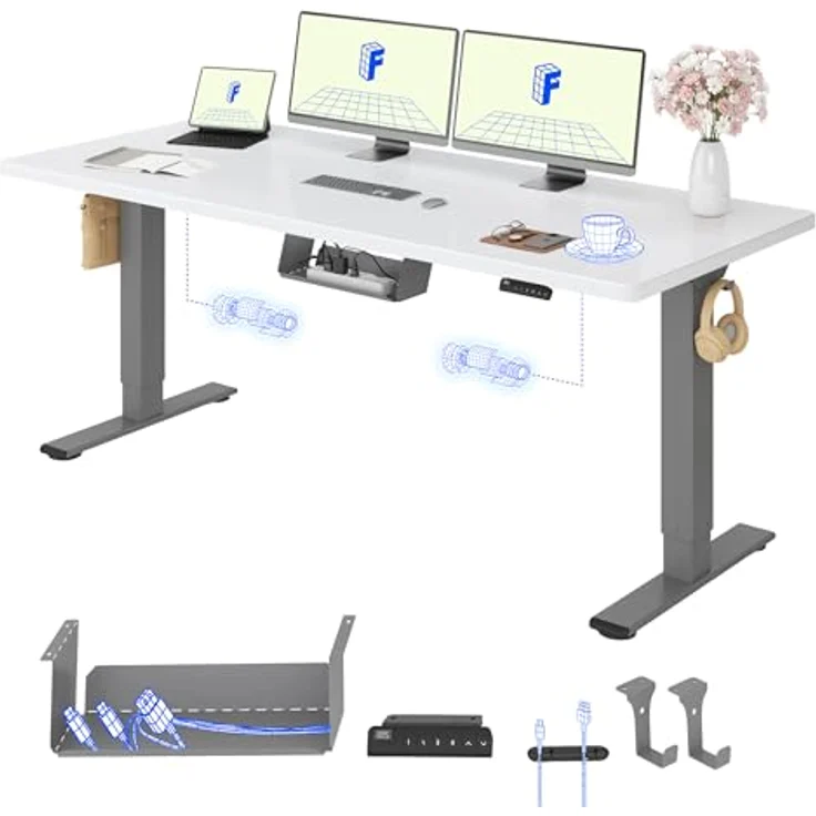 FLEXISPOT Höhenverstellbarer Schreibtisch mit 2 Motoren & 25MM einteiliger Tischplatte,ergonomischer Bürotisch - 180x80 cm Weiß, graues Gestell – Bild 2