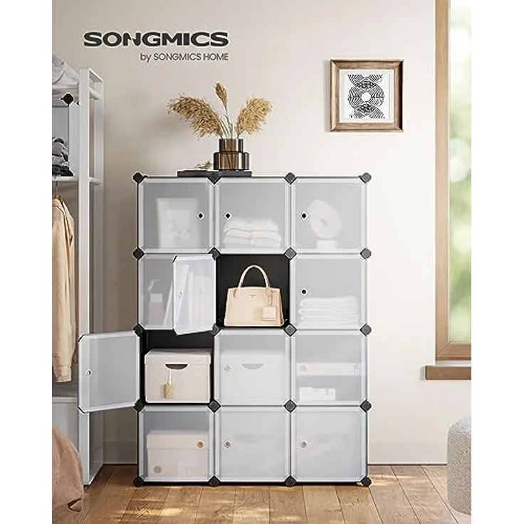 Songmics Regalsystem, Schuhregal, Set aus 12 Würfeln, Kleiderschrank aus Kunststoff, mit Türen, Steckregal, Aufbewahrung von Kleidung, Schuhen und Büchern, einfache Montage, schwarz LPC34HV1 – Bild 3