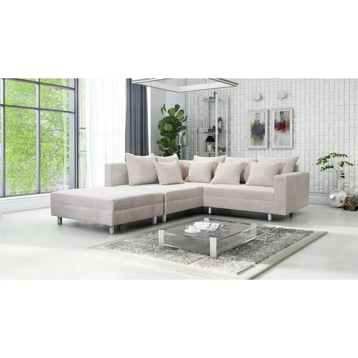 Wohnlandschaft Sofa Couch Ecksofa Eckcouch Cordstoff beige + Hocker Minsk L