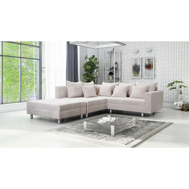 Wohnlandschaft Sofa Couch Ecksofa Eckcouch Cordstoff beige + Hocker Minsk L