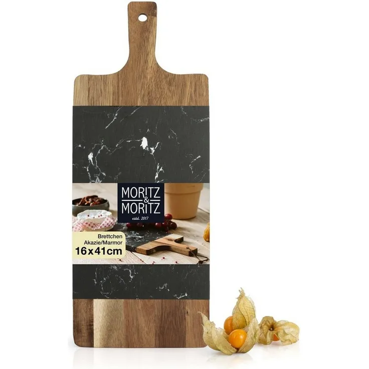 Moritz & Moritz Servierbrett Servierbrett Holz mit Marmor-Platte, Akazienholz/Marmor, (41x16x1,3 cm, 1-St), zum Anrichten und Servieren von Käse, Fisch, Fleisch u.v.m.