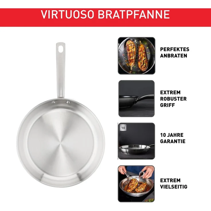 Tefal Virtuoso Bratpfanne 28 cm, Edelstahlpfanne unbeschichtet, Pfanne Induktion, langlebig, hochwertige Edelstahlgriffe, leichte Reinigung, für alle Herdarten geeignet, E49206 – Bild 3