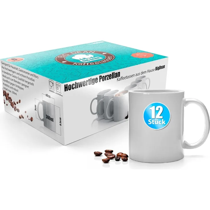 BigDean 12 Stück Kaffeebecher weiß 300ml – Kaffeetassen aus hochwertigem Porzellan in Geschenkverpackung