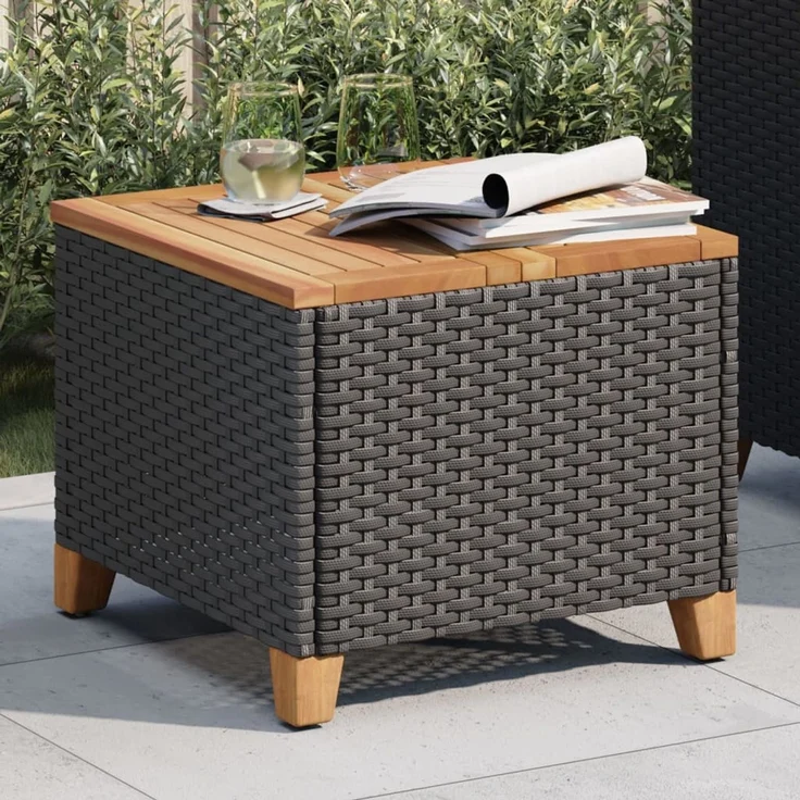 Gartentisch, Beistelltisch, Balkontisch Schwarz 45x45x37 cm Poly Rattan Akazienholz – Bild 3