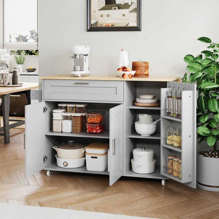 Küchenwagen mit klappbarer Platte 132,5 x 44/70 x 90 cm, MDF in Eiche-Optik/Grau, mit Schublade – Bild 2