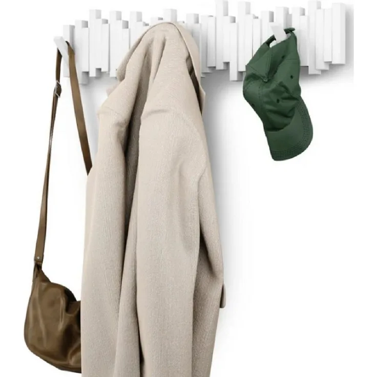 Umbra Stäbchen Garderobenhaken mit 8 Haken – Moderne und platzsparende Garderobenleiste mit acht Beweglichen Haken für Jacken, Mäntel, Schals, Handtaschen und mehr, Weiss