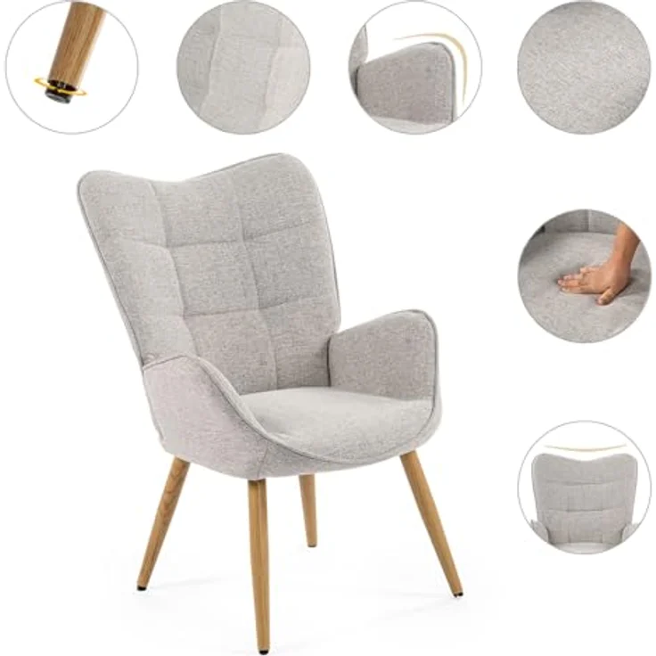 MEUBLE COSY Sessel Relaxsessel Lehnstühle Polstersessel Einzelsofa mit Holzbein Ohrensessel für Wohnzimmer Schlafzimmer Büro Vanity, Stoff, Beige – Bild 6