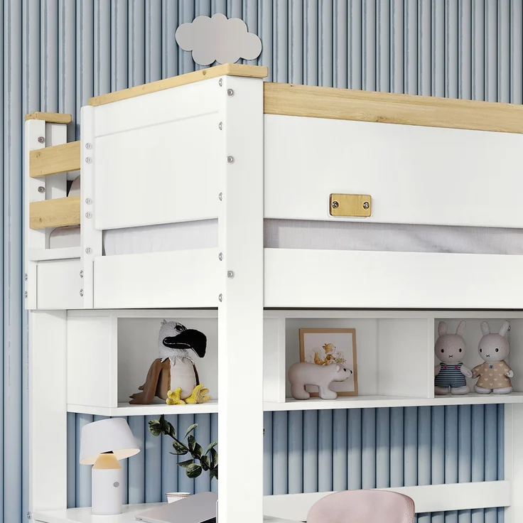 Etagenbett Kinderbett 90x200 mit Fallschutzgitter, Schreibtisch, Kleiderschrank, offene Regale – Bild 4