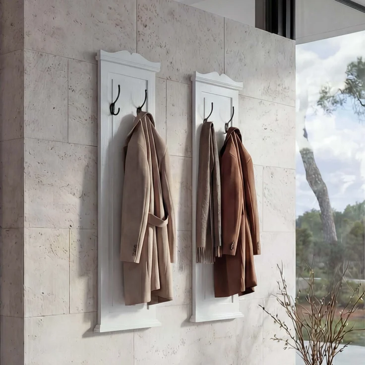2er-Set Garderobe T33, Wandgarderobe Garderobenpaneel, Wandhaken Holz 109x28x4cm ~ weiß lackiert – Bild 1