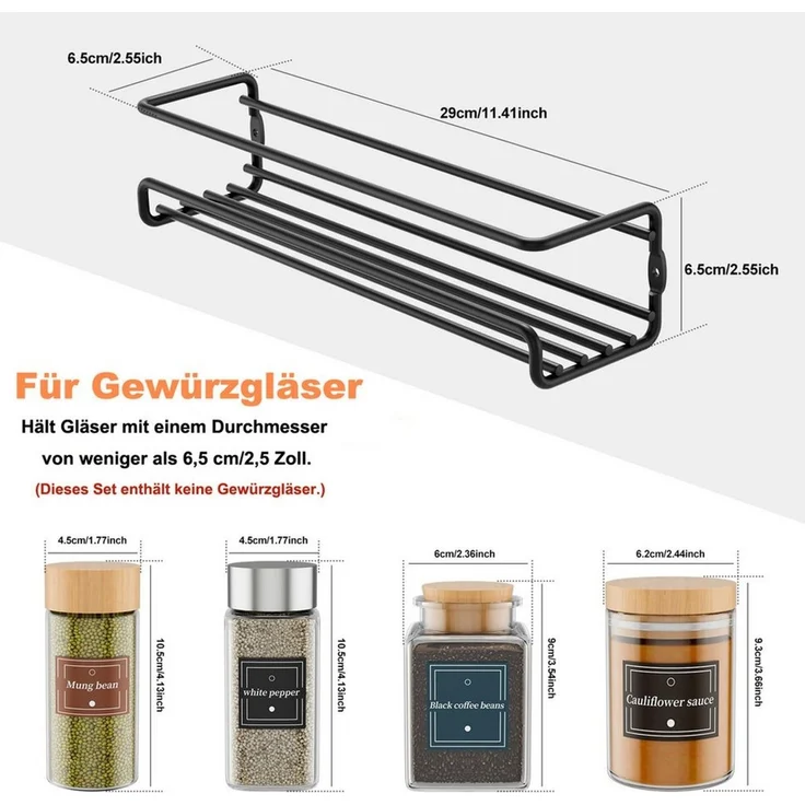 Zyronn Gewürzregal 2er Wand-Gewürzregal Metall – Hängender Gewürzhalter, 2-tlg, für Küchenschrank, selbstklebend oder zum Schrauben – Bild 4