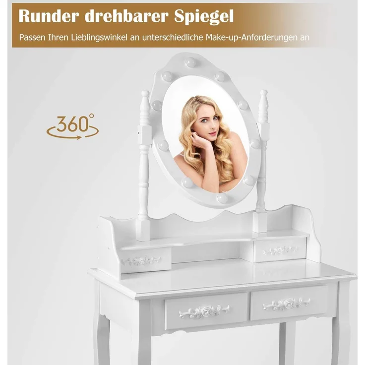COSTWAY Schminktisch mit Hocker, 360° drehbarem Spiegel und 10 dimmbaren LED-Birnen, Frisiertisch aus Tisch und Abnehmbarer Oberteil, Kosmetiktisch mit 4 Schubladen, 75 x 40 x 146 cm (Weiß) – Bild 5