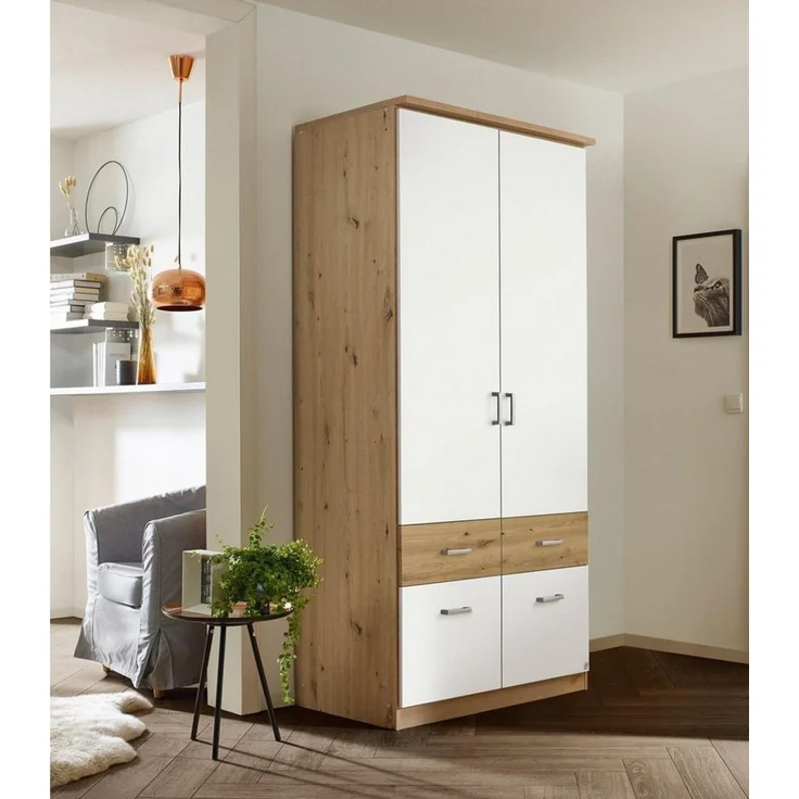 rauch Drehtürenschrank BREMEN, Alpinweiß, Artisan Eiche Dekor, 2 Türen, 4 Schubladen – Bild 1