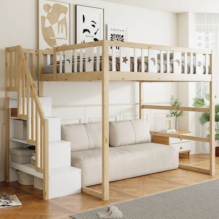 Merax Hochbett, Etagenbett für Kinder 140x200 mit Treppe, Kinderbett Aus Massivholz mit Sicherheitsgeländer, Weiß+Natur – Bild 2