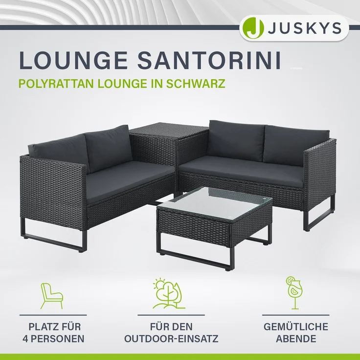 Juskys Outdoor Polyrattan Lounge Santorini - Gartenlounge mit Beistelltisch & Auflagenbox - Gartenmöbel Set Rattan Sitzecke wetterfest - Schwarz – Bild 2