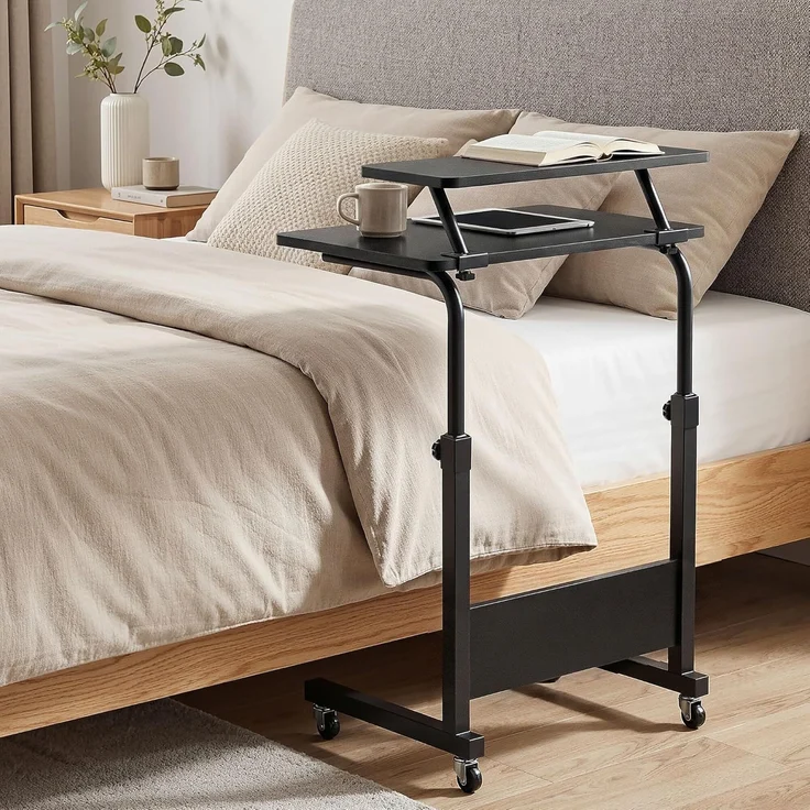 YITAHOME Beistelltisch Höhenverstellbar mit Rollen, Mobilfunk Laptoptisch, Tragbarer Home Office Schreibtisch mit Aufbewahrungsregal für Schlafzimmer, Stehpult Beistelltisch Rollen, Schwarz – Bild 8