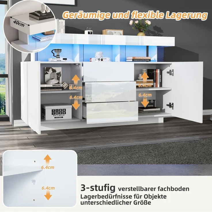 DESVIAE Sideboard mit 3 Schubladen und LED-Beleuchtung, 140x80x35 cm, Spanplatte und Acryl, Weiß – Bild 4