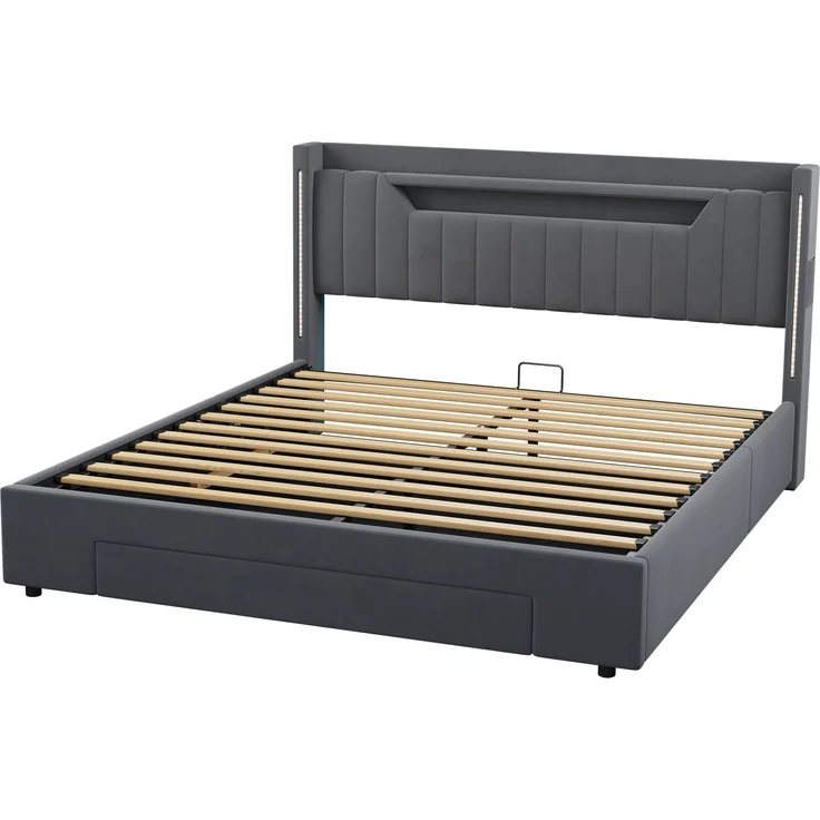 Polsterbett 160x200 cm mit LED-Beleuchtung, Stauraum und Schublade – Ohne Matratze – Bild 6