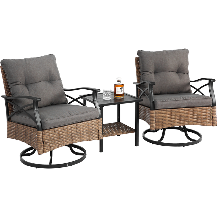 LVHOM Gartenmöbel-Set 3-tlg, Balkonset inkl. 2 drehbare Sessel und Tisch, Polyrattan, wetterfest, Gartenlounge-Set, Grau – Bild 2