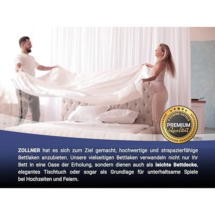 Zollner Spannbettlaken, Weiß, aus Naturmaterialien, 320x330 cm, Oeko-Tex® Standard 100, 80% Baumwolle, 20% Polyester, bis 95°C waschbar – Bild 6