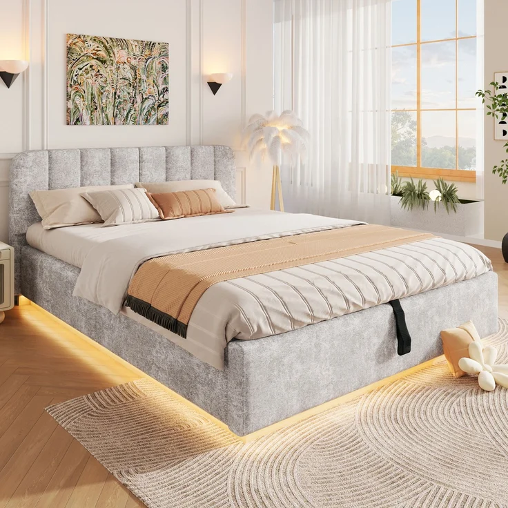 Polsterbett, Doppelbett, 140 x 200 cm, Bett mit Lattenrost, Kopfteil,Gepolstertes Kopfteil,Hydraulische Lagerung, Mit LED-Lichtleiste, Ohne Matratze, Hellgrau Chenille – Bild 4